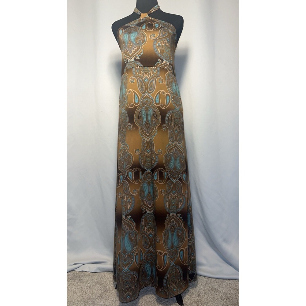 Derek Heart S Paisley Halter Maxi Dress | Brown Teal Boho NWOT